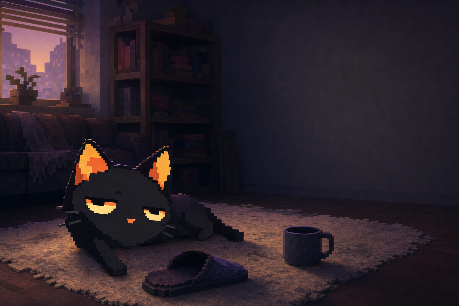 Catatonic lying flat on a rug at dusk beside a slipper and a mug